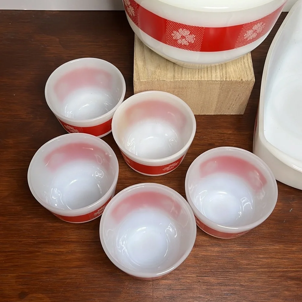MCM Red Gingham Pudding Set by Federal Glass Co, Milk Glass